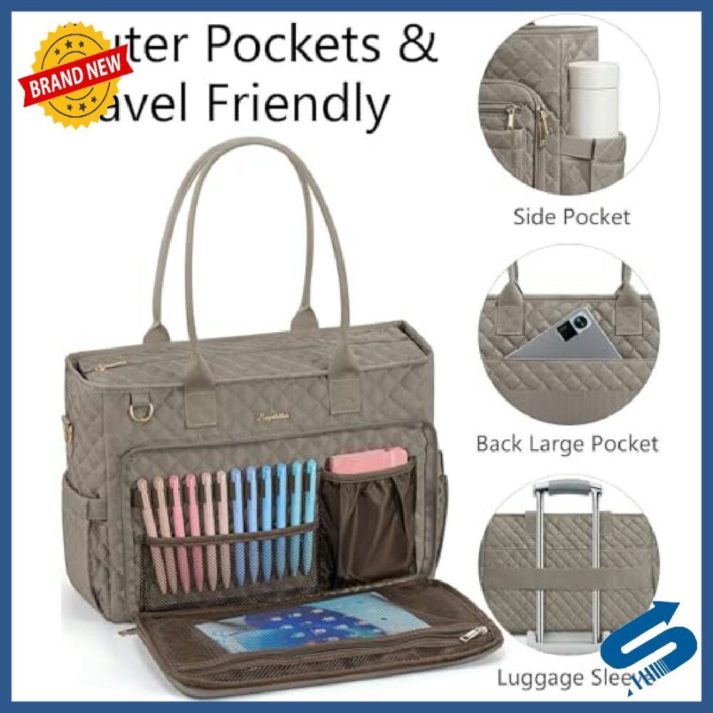 15.6" Laptop Tote Bag - Quilted Work Bag with Padded Sleeve & Multiple Pockets - Picture 7 of 8